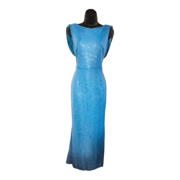 Blue sequin drape cowl back batwing style‎ maxi gown dress size 8 brand new - Picture 9 of 16
